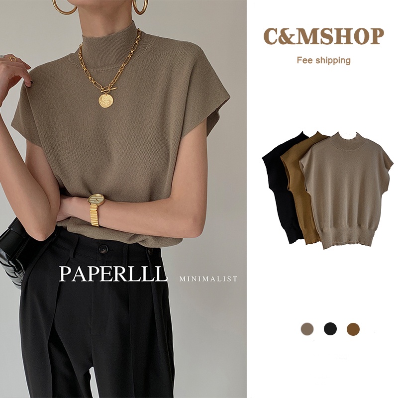 [พร้อมส่ง] C&m เสื้อยืดลําลอง คอสูง ผ้าถัก ทรงหลวม สีพื้น สไตล์เกาหลี สําหรับสตรี
