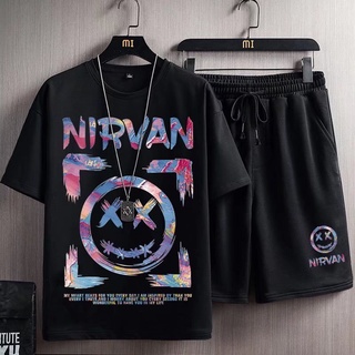 M-8XL Plus Size Suit Summer 2022 New Short Sleeve T-shirt + Shorts Two-piece Set Fashion Loose Printing Black Casual Sports Short Pants Men