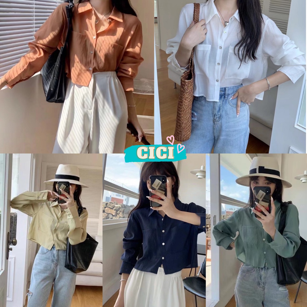 ส่งทันที Cici(NO. 9023)เสื้อเชิ้ตครอป แต่งกระเป๋าตรงอกผ้านิ่มใส่สบาย ใส่แมทช์กับยีนส์หรือขาสั้นแบบชิคๆ