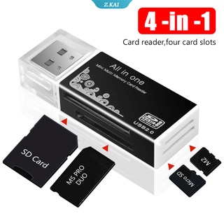 4 in 1 อะแดปเตอร์การ์ดรีดเดอร์ Micro SD SDHC MMC USB SD Memory T-Flash M2 MS Duo USB 2.0 4 ช่อง รองรับการ์ดรีดเดอร์