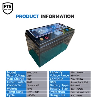 Lithium NMC 24v 75Ah 1.9Kw. Smart BMS