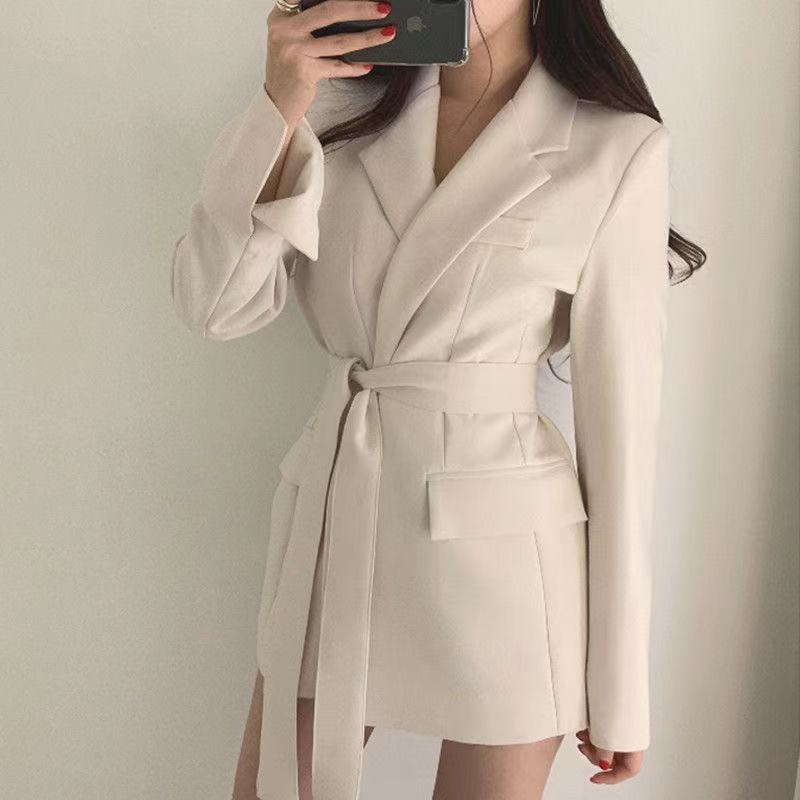 Turn Down Collar Double Breasted OL Work Blazer Dress Women Casual Long Suits Jackets 