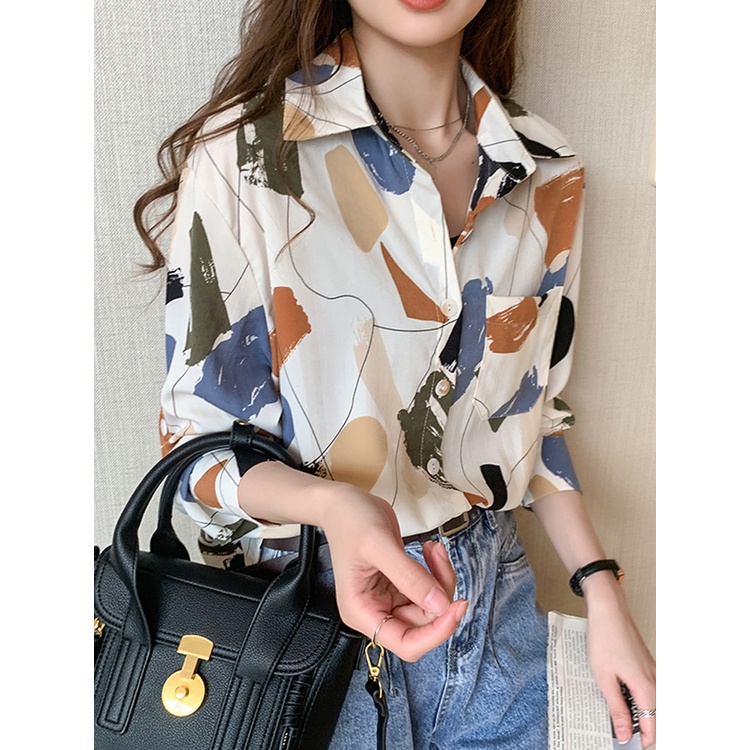 เสื้อเชิ้ตสไตล์กาหลีพร้อมส่ง แขนยาว เสื้อเชิ้ตชีฟอง oversize เสื้อเชิ้ตลายดอก สาวอวบ แฟชั่นผู้หญิง