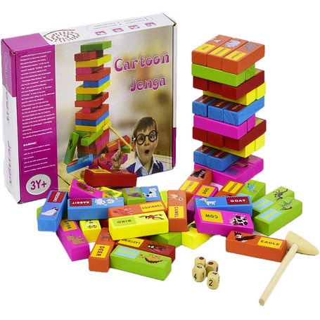ตึกถล่มไม้ลายการ์ตูนพร้อมคำศัพท์ Cartoon Jenga สีสันสดใส ต่อได้หลายแบบ บล็อกไม้ ของเล่นไม้เสริมพัฒนา
