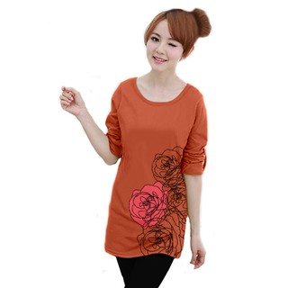 เสื้อยืดแขนยาว ตัวยาว ลาย Beautiful Rose (สีส้ม)