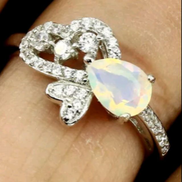แหวนเงินแท้925 โอปอลแท้ เพชรCZ 14KWGF (Natural UnHeated Opal ring) Size 8.5