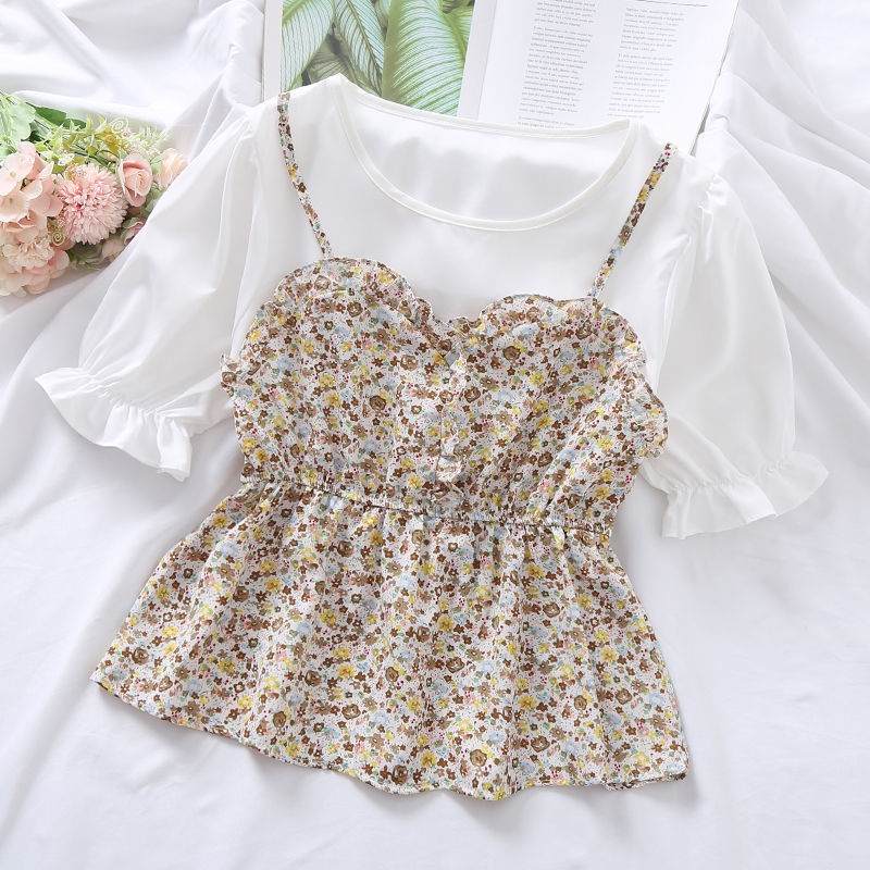 เสื้อผ้าแฟชั่นผู้หญิง เสื้อเชิ๊ต สไตล์เกาหลี แขนสั้น ลายดอกไม้ คอกลม เสื้อชีฟอง เสื้อผ้าผู้หญิงทำงาน น่ารัก