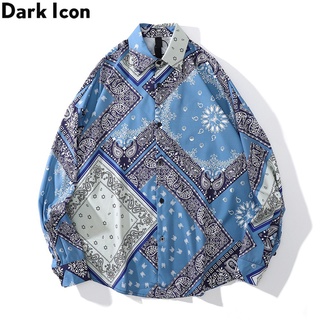 เสื้อเชิ้ตแขนยาวคอปกพิมพ์ลาย Dark Icon Bandana แฟชั่นสําหรับผู้ชาย