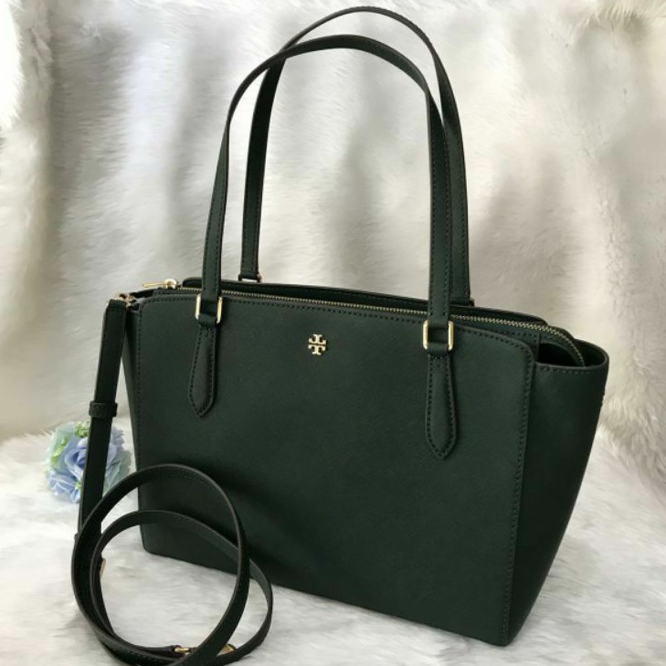 Tory Burch Women's Emerson (64188) Saffiano Leather Small Top Zip Tote Handbag(มีสายสะพายยาว)สี JITNEY GREEN