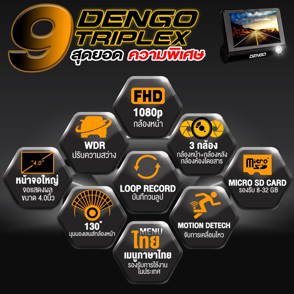 ■[ลด 65 บ.โค้ด DENGOCT01] Dengo TRIPLEX กล้องติดรถยนต์ 3 กล้อง FHD หน้า-หลัง-ห้องโดยสาร จอใหญ่ 4.0" จับการเคลื่อนไหว ประ