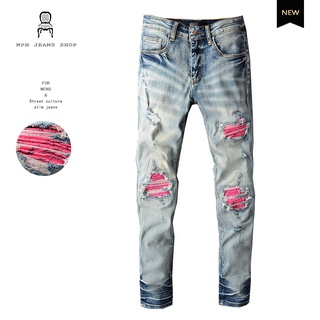 รูปจริง​ Amiri New Destroy Washed Light Color Patch Hole Jeans