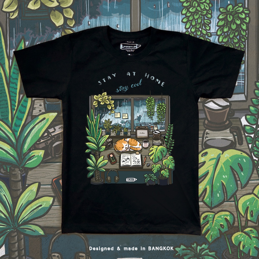 Stay at Home " Stay Cool " T-shirt Black Ver. เสื้อยืด สีดำ premium cotton ลายแมวกับต้นไม้