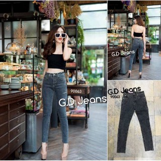 G.D.Jeans รุ่น 90063 กางเกงยีนส์ขายาวผ้ายืดทรงเดฟสีดำฟอกแต่งขีดขาดทั้งสองข้าง