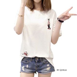 เสื้อยืดแขนสั้นทรงหลวม เสื้อยืดแขนสั้น ผ้าคอตตอน 100% เนื้อผ้าใส่สบาย QUILLA Korean Plus Size Womens Tee Top