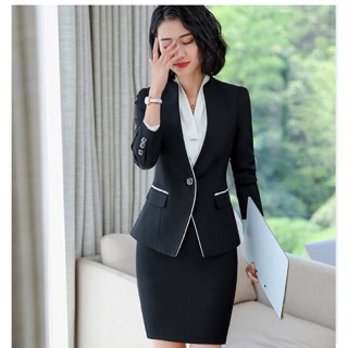 💋(S-5XL) เสื้อสูทผู้หญิงแฟชั่นสีดำแบบเรียบหรู