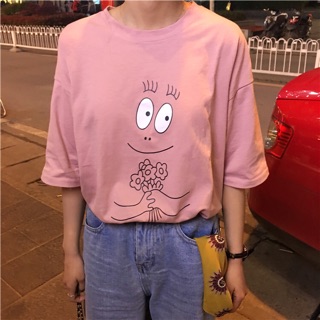 เสื้อยืดแขนสั้น สไตล์เกาหลี สกรีนลาย BARBAPAPA ผ้าคอตตอนเนื้อนิ่มอย่างดีไม่บาง สีชมพู