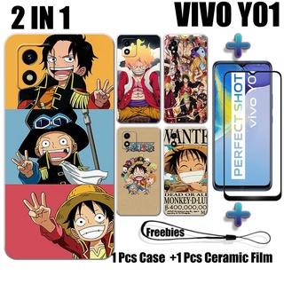 2 IN 1 เคส One Piece พร้อมกระจกนิรภัย สําหรับ VIVO Y01 เคสโทรศัพท์ และตัวป้องกันหน้าจอเซรามิค โค้ง