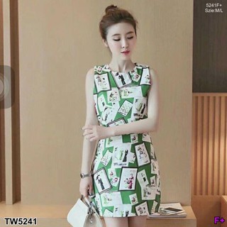 TW5241 Set 2 ชิ้น เสื้อแขนกุด +กระโปรงลายกราฟฟิกแฟชั่นเกาหลี