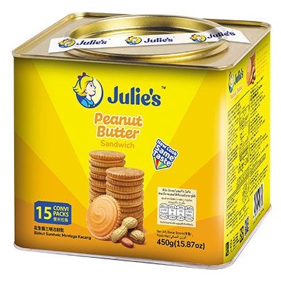(แบบปี๊บ)ขนมนำเข้า!!! ขนมปังกรอบสอดไส้ครีมเนยถั่ว จูลี่ส์ Julie's Peanut Butter Sandwich 450g.