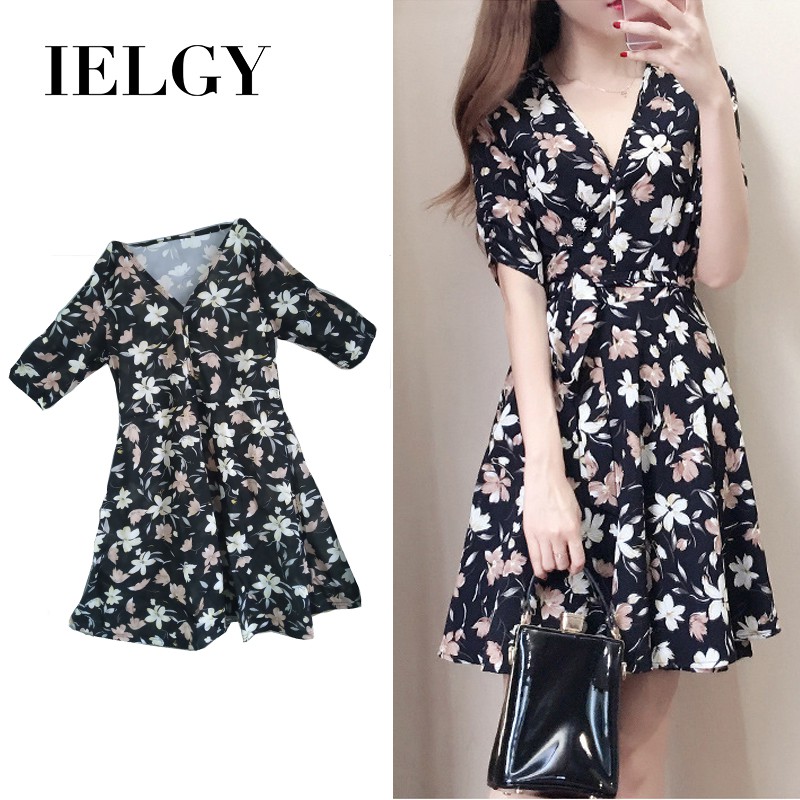 ราคาถูก พร้อมส่ง ชุดเดรสสั้นพิมพ์ลายดอกไม้ dress IELGY