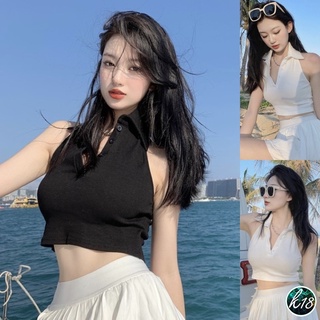 K18💜Korean เสื้อแฟชั่นแขนกุด ทรงคอปก ด้านหลังเปิดเซ็กซี่ มี 2 สี