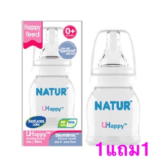 🌸1แถม1🌸ขวดนม NATUR ขนาด2oz’ S=0+ จุกไม่ดูดไม่ไหล ขวดปากแคบ