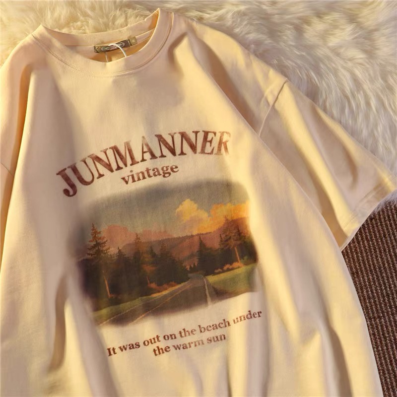 เสื้อยืดแขนสั้นเกาหลีลายภูเขา ผ้านิ่มใส่สบายทรงหลวมไม่ร้อน พร้อมส่ง