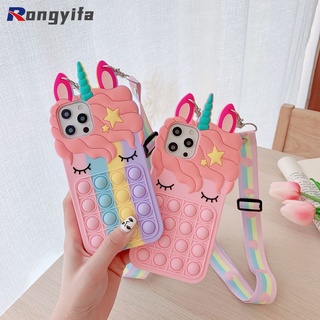 For iPhone 13 12 11 Pro Xs Max Mini XR Xs 8 7 6s 6 Plus SE 2020 Phone Case Silicone Unicorn Decompression With Strap Press Toy POP it Back Cover