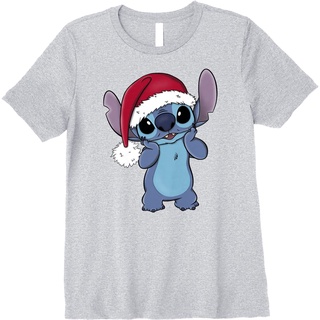 เสื้อยืดสีดำอินเทรนด์เสื้อยืดแขนสั้นลําลอง พิมพ์ลาย Disney Lilo &amp; Stitch Christmas Santa Hat Stitch Portrait แฟชั่นสําหร