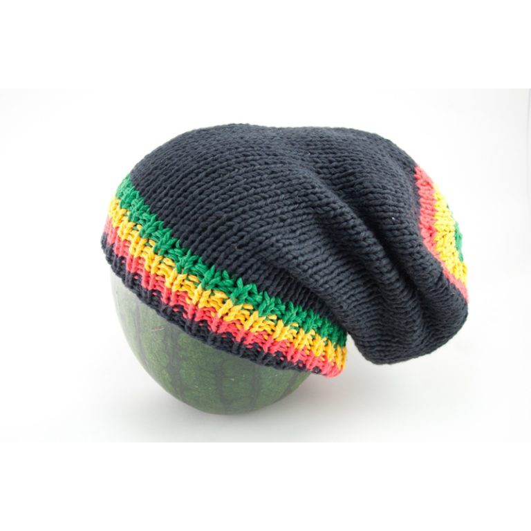 สินค้าราสต้า Beanie Black Long Forehead and Top Stripes Green Yellow Red Black หมวกถักแบบยาว﻿ RASTA 