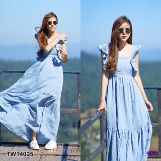 TW14025 Maxi Dress เดรสยาว คอเหลี่ยม ดีเทลระบายแขน ด้านหลังดึงยาง มีผูกโบว์เข้ารูปตามสรีระของสาวๆ เนื้อผ้าไหมอิตาลี