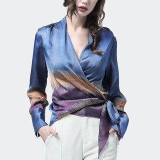 เสื้อชีฟองแขนยาวคอวีลายดอกไม้แฟชั่นสตรี