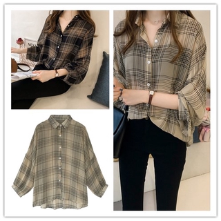 พร้อมส่งจากไทย M-4XL  เสื้อเชิ้ตลายสก๊อตลายกราฟฟิก เสื้อแขนยาวผ้าบาง เสื้อทำงานผู้หญิง