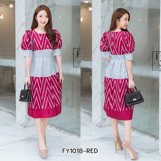 (S-2XL) ชุดเดรสคอกลมแขนตุ๊กตา ลายกราฟฟิก สีแดง IFY1018
