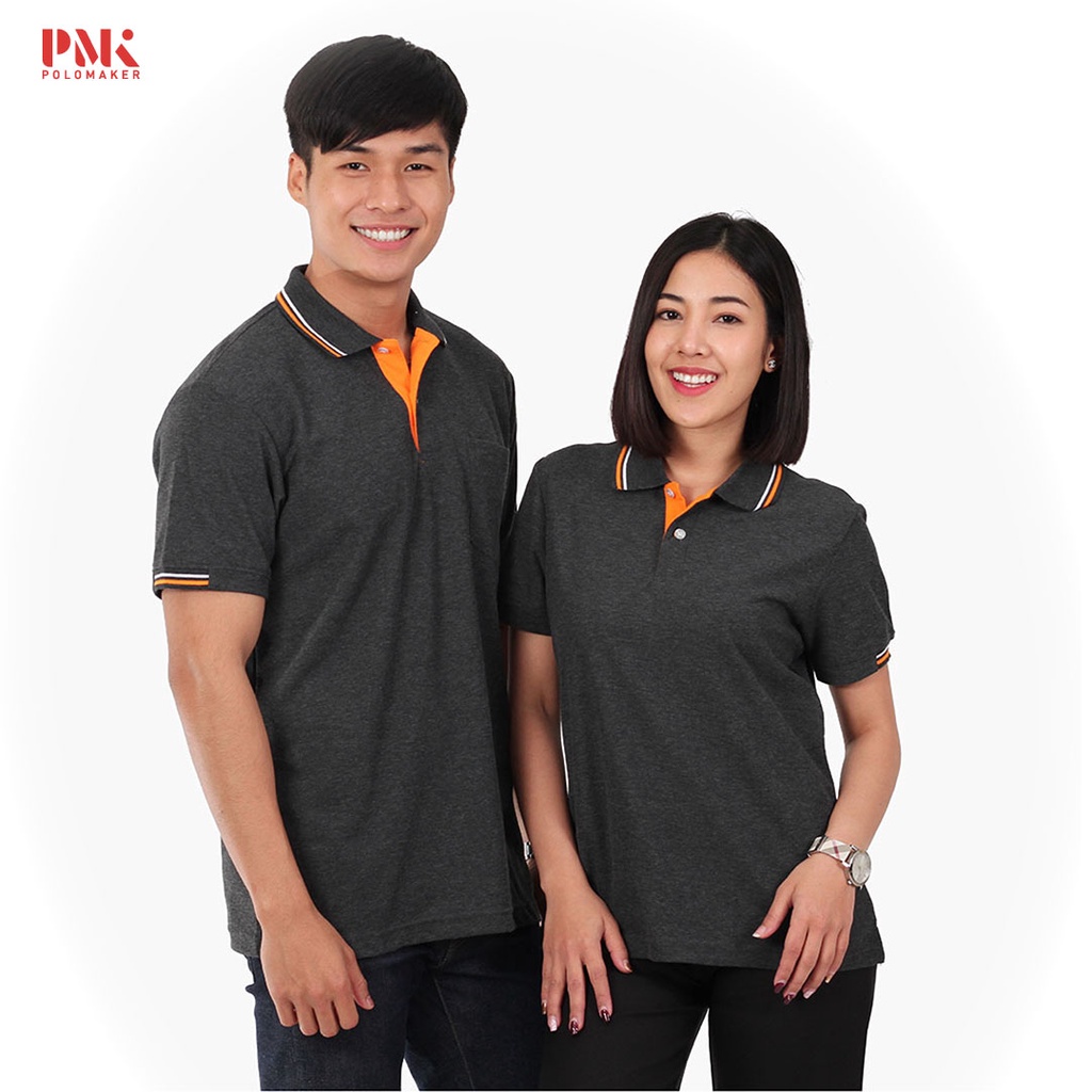 PMK เสื้อโปโล รุ่น Kaneko PK088 สีเทา TopDry ขลิบส้ม-ขาว รีดง่าย ไม่ยับ ไม่ย้วย อยู่ทรง เสื้อพนักงาน