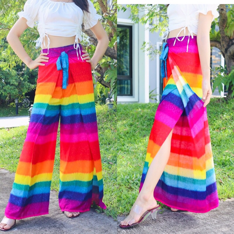 กางเกง4สาย กางเกงผูกหน้า-ผูกหลัง ผ้าเรยอน ใส่สบายมาก #ลายรุ้ง สีรุ้ง สีพาสเทล