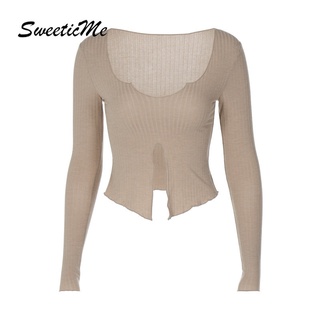 Sweeticme ใหม่ เสื้อยืดลําลอง แขนยาว คอยู เข้ารูป สีพื้น เซ็กซี่ แฟชั่นสําหรับสตรี 2022