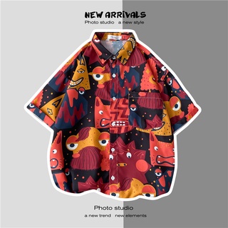 【M-3XL】เสื้อเชิ้ตแขนสั้นพิมพ์ลายการ์ตูนผู้ชายหลวมแฟชั่นญี่ปุ่น