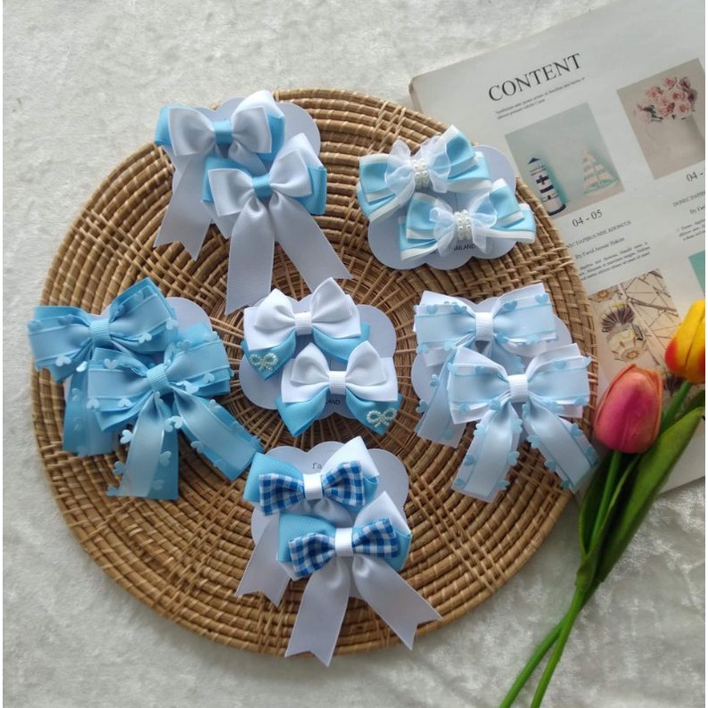 โบว์ติดผมเด็กโทนสีฟ้า/ขาว