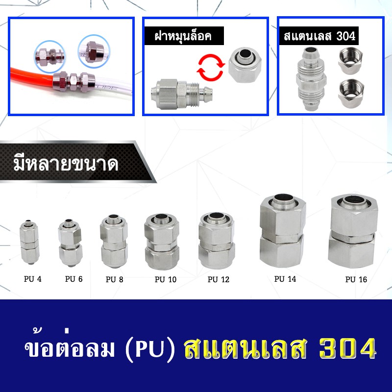 ข้อต่อสายลมแบบตรง (PU) สแตนเลส 304 ใช้เสียบสายลมมีฝาครอบ มีหลายขนาด (ราคาต่อหนึ่งชิ้น)