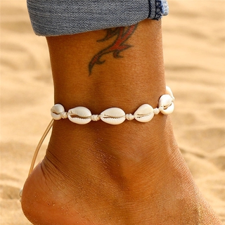 โบฮีเมียนเชลล์ Anklets สำหรับผู้หญิงหนังทำด้วยมือทอเปลือกหอยธรรมชาติเครื่องประดับเท้าชายหาดฤดูร้อนสร้อยข้อมือเท้าเปล่าข้อเท้าบนขา