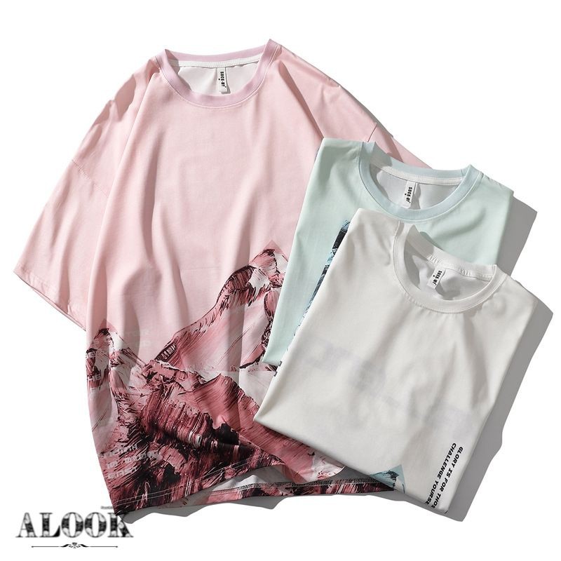 *มาใหม่* 2021 ฤดูร้อนหลวม Graffiti Hills 4 พิมพ์คู่เสื้อยืด Graphic-T Over-Size Casual เสื้อ [DMT907