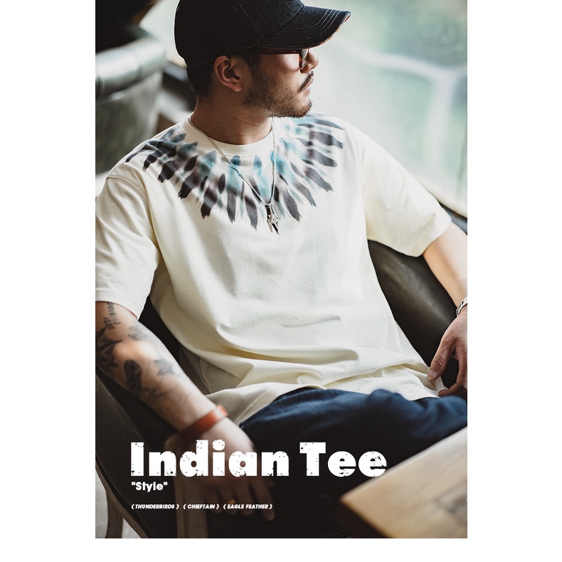 Maden  ใหม่ เสื้อยืดแขนสั้น พิมพ์ลายขนนก ทรงหลวม สไตล์อินเดียเรโทร อเมริกัน ฤดูร้อน สําหรับผู้ชาย 2022