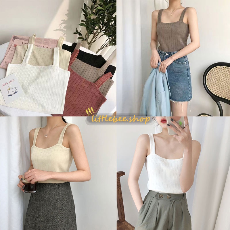 littlebee 8219 เสื้อกล้ามสายเดี่ยว สายใหญ่ คอเหลี่ยม ผ้าไหมพรม ชักร่อง สไตล์เกาหลีทรงเกาะอก ออกแนวเซ็กซี่