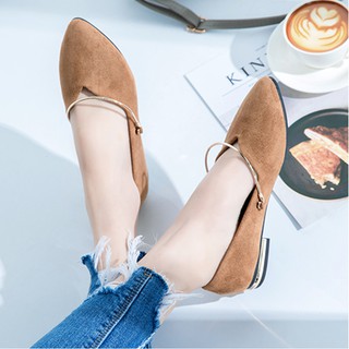 รองเท้า Loafers หัวแหลม ผิวกำมะหยี่ ส้นเตี้ยแต่งสาย/ส้นโลหะสีทอง