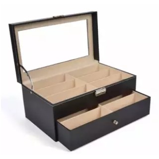 กล่องใส่แว่น 12 ช่อง (2 ชั้น) : Leather Glasses Box (สีดำ-เบจ)