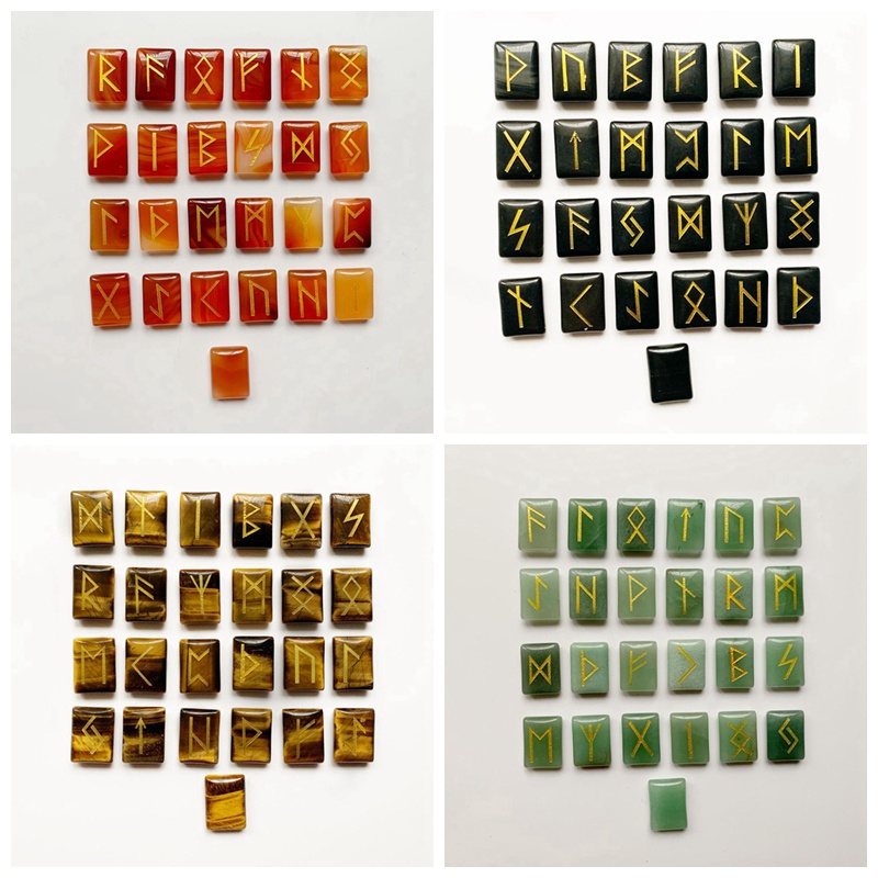 25 ชิ้นสีเขียว Aventurine หิน Runes ชุดตกแต่งบ้านตาราง Tiger Eye สีดํา Onyx Runestone สี่เหลี่ยมผืนผ้า Rune ตัวอักษรสัญลักษณ์ชุด