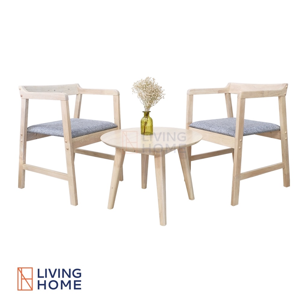 COOKIE ชุดน้ำชาเก้าอี้พร้อมโต๊ะวางสไตล์มูจิ ชุดรับแขก ไม้ยางพารา สีโซลิค-ผ้าเทา |Livinghome
