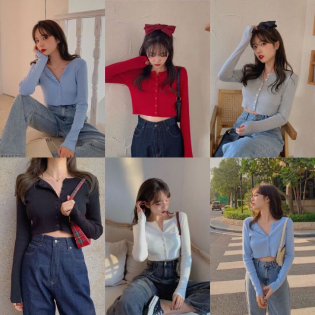 Cuties 5203 เสื้อ​cardigan เสื้อแขนยาว ตัวสั้น สีพื้น คอกลม ถอดกระดุมได้ ใส่เดี่ยวหรือคลุม สุดเซ็กซี่ สไตล์เกาหลี