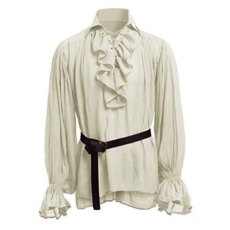 ผู้ชายยุคกลางยุค Renaissance เสื้อยืดแขนยาว Retro Solid คอสเพลย์เครื่องแต่งกายผู้ชาย V-Collar Casual เสื้อเวทีเสื้อผ้า Man